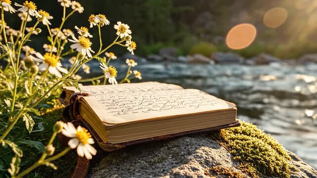Open vintage leather journal with handwritten notes resting on a mossy rock beside a flowing river surrounded by white daisies in golden sunset light