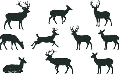 Fototapeta premium Collection of black deer silhouettes on with various poses and antlers