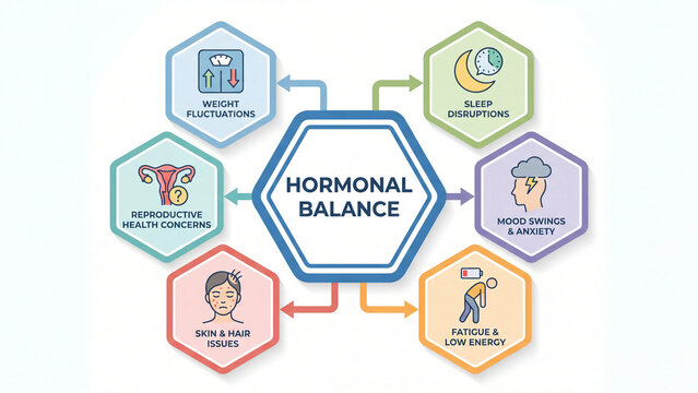 Hormonal balance health diagram covering weight fluctuations sleep disruptions mood swings reproductive health skin issues and fatigue for endocrine wellness awareness