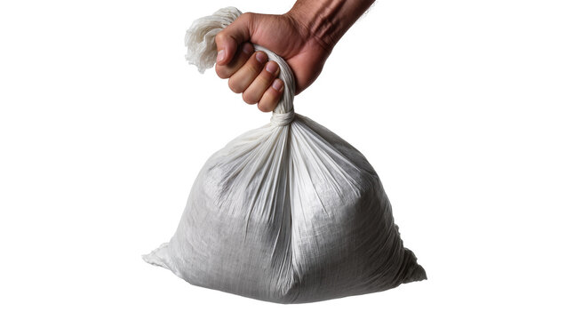 Hand holding tied white fabric sack full of contents