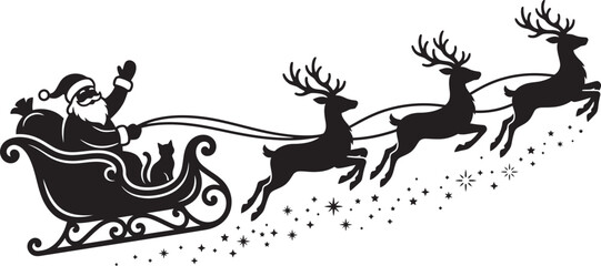Santa claus riding in sleigh pulled by reindeer with cat © BipashaSketches 