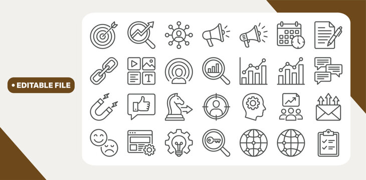 SEO marketing for Business management related icon set - Editable stroke,