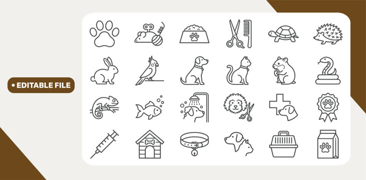 Pet Care, Veterinary and Pet Grooming  related icon set - Editable stroke