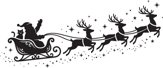 Santa claus in sleigh with reindeer and cat © BipashaSketches 