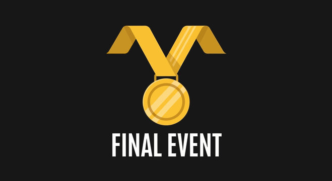 Gold Medal Design For Competition, Final Event Symbol, With Ribbon Against A Black Background