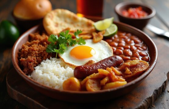 Hearty Colombian bandeja paisa with rice beans fried egg chorizo sausage chicharron and plantain. Traditional paisa cuisine served in clay bowl. Delicious rich meal.