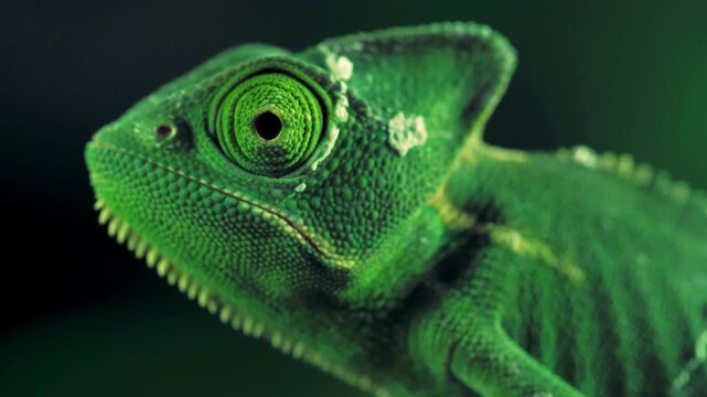 Macro close-up of a green veiled chameleon seen from the side, showing its moving eye, textured scales, and vivid reptile features against a dark background.