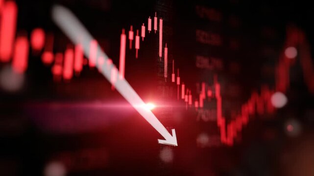 Falling stock market graph with downward trend arrows on digital display
