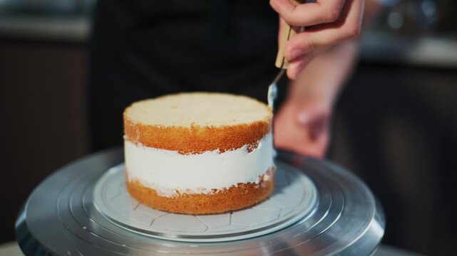 Hand carefully spreads white cream between cake layers. Person wears black apron, focused and precise. Cake rotates on silver turntable. Ideal for baking, dessert, or culinary tutorials