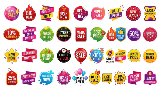 Collection of vibrant, eye-catching sale and discount tags, labels, and badges for retail and e-commerce promotions