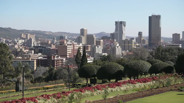 Vibrant garden blooms provide a vivid foreground to the towering skyscrapers of Pretoria. Ideal for urban development features or travel promotions.
