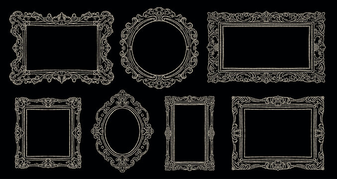 Hand drawn elegant vintage baroque picture frames illustration set. Luxury doodle sketch of classic museum mirrors and antique gold ornate borders. Vector isolated on black background chalkboard style
