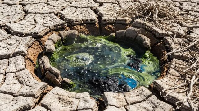 Toxic bubbling green water in cracked dry earth surrounded by a natural earthen border