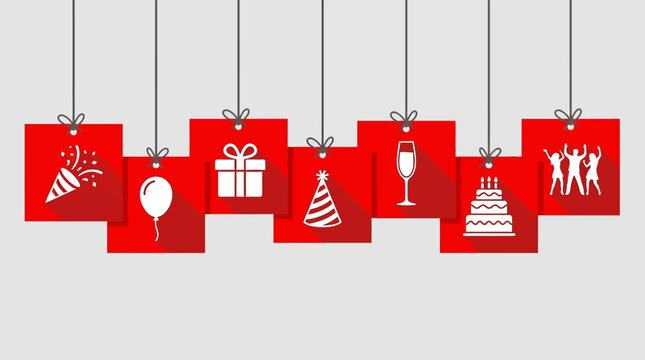 Red tags with icons of celebration, gift, party hat, champagne, cake, and people celebrating