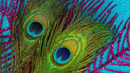 Naklejka premium Peacock feathers on a blue background with colorful plant details in bright light during daytime