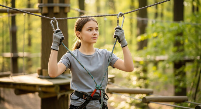 Girl in safety gear prepares for zip-lining adventure in a forested outdoor ropes course with trees and wooden platforms visible