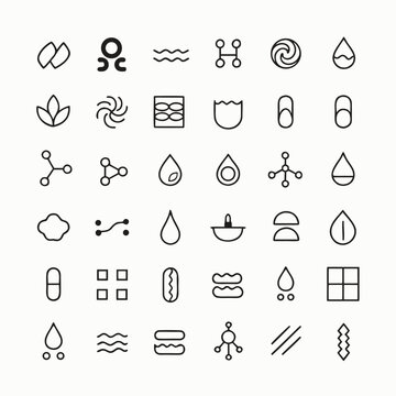 Thirty-six delicate black line icons of abstract biological shapes and molecular structures related to lipids and nutrition appear in a grid on white.