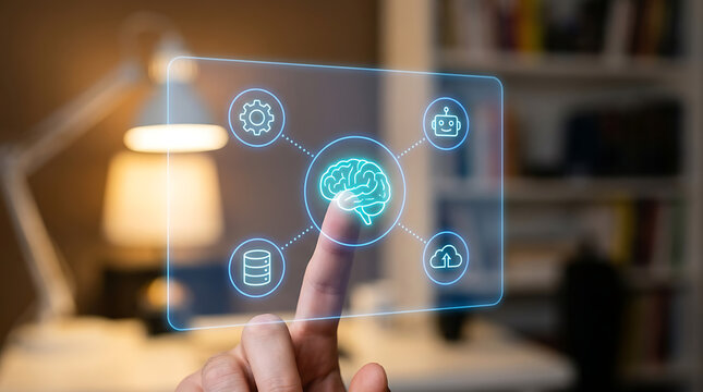 Human finger interacting with a glowing blue holographic interface displaying a brain icon connected to gears database cloud and robot symbols symbolizing artificial intelligence
