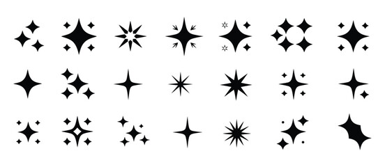 Fototapeta premium Star icons featuring twinkling sparkles, shining bursts, and glowing effects for Christmas, festive decoration, and retro futuristic design concepts. Vector illustration.