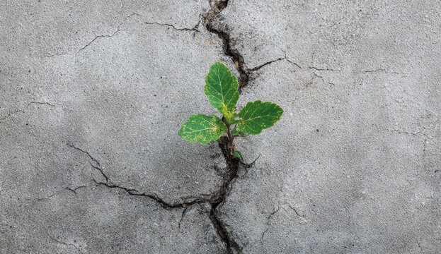 Tiny green plant growing through a large crack in concrete