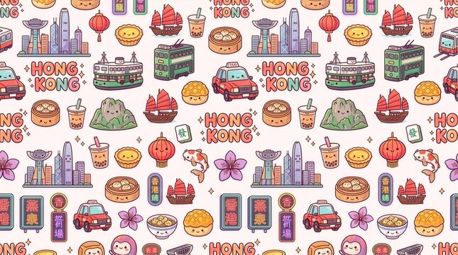 Hong Kong Cute Seamless Pattern Background