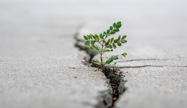 Tiny green seedling pushes through a large crack in concrete