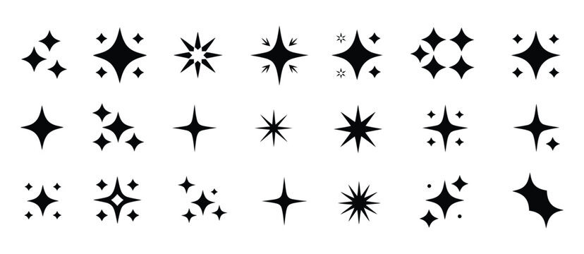 Star icons featuring twinkling sparkles, shining bursts, and glowing effects for Christmas, festive decoration, and retro futuristic design concepts. Vector illustration.