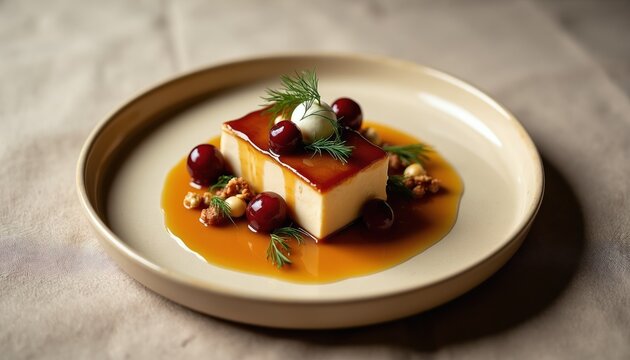 Rectangular creamy dessert served on beige plate. Topping includes cherries nuts dill garnish. Amber caramel sauce pools around pastry. Sweet dish styled for fine dining restaurant menu. Food styling