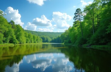 Obraz premium Calm lake water reflects verdant green forest hills under bright blue sky with fluffy white clouds. Lush trees line tranquil river bank with grass. Peaceful nature scene.