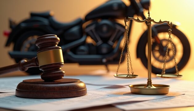 Justice scales and gavel on papers next to motorcycle. Legal concept about motorcycle accident claim. Law firm service for rider compensation. Fair trial for biker injury case.