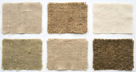 Fototapeta premium Collection of Rustic Linen and Burlap Fabric Swatches with Natural Frayed Edges