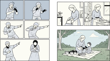 Domestic violence and family life storyboard vector, angry man shouting and pointing at woman, peaceful mother cooking and picnic scenes with child