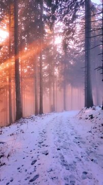 Forest road in winter snowfall white road