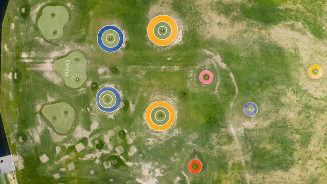 Aerial view of the colorful circular targets and practice greens at Chi Chi - The Golf Venue in Utrecht, Utrecht, Netherlands.
