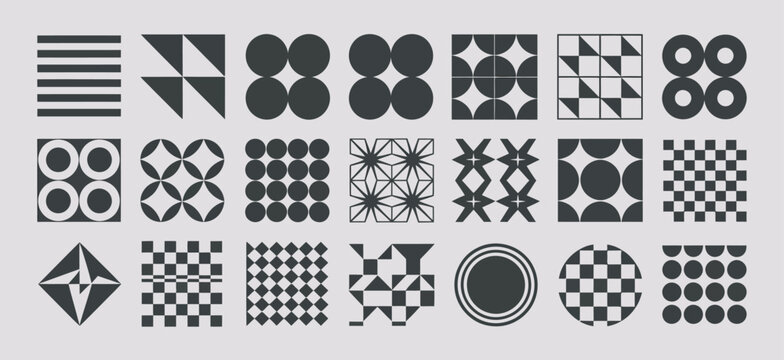 Abstract geometric pattern set featuring circles, squares, and triangles in black style