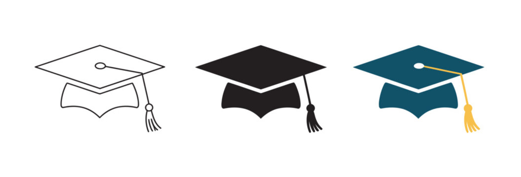 Set of graduation cap icons in line, solid, and flat style for academic design work