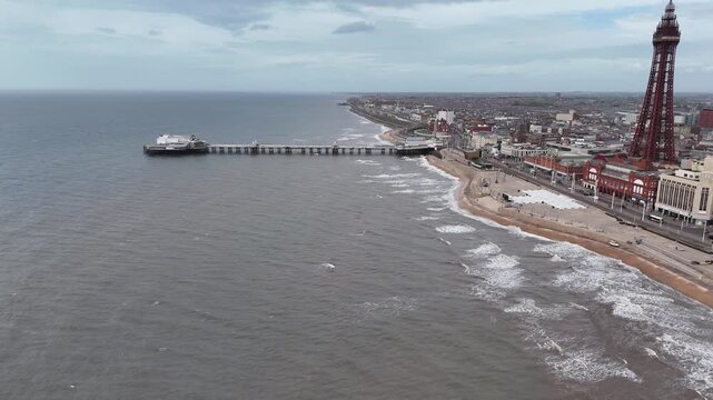 Blackpool Tower and North Pier Lancashire UK drone aerial
