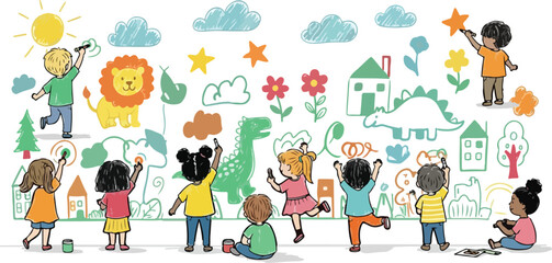 Hand-drawn children mural illustration, diverse kids drawing colorful doodles on wall, creative childhood art and education vector © 爱心binragh