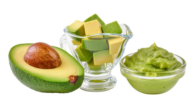 Avocado half with pit diced avocado pieces, and avocado puree in bowls