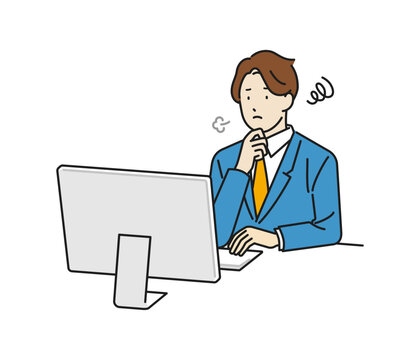 イラスト素材: ため息をして悩むデスクワーク中のビジネスパーソン