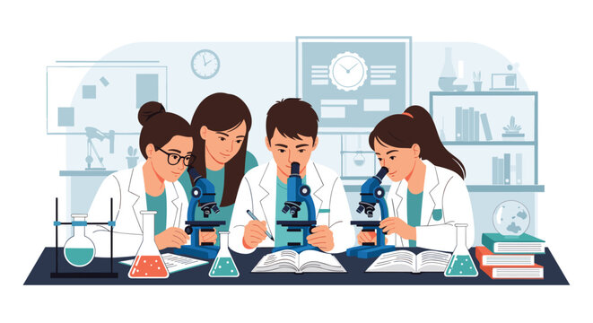 Focused group of science students in white laboratory coats looking through microscopes and taking notes during a biology class experiment.