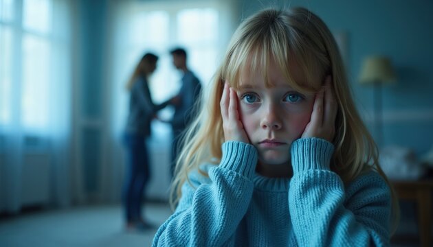 Sad girl covers ears while parents argue in background. Child feels distress and helplessness. Domestic conflict impacts child wellbeing. Family drama concept.