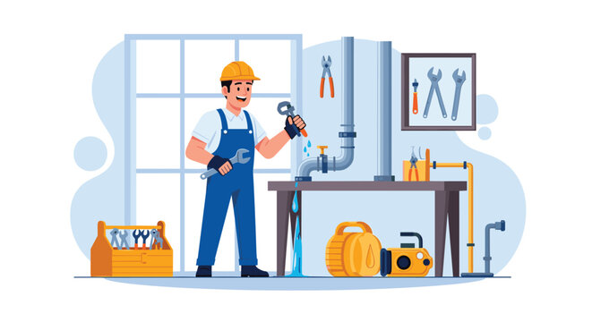 Happy professional plumber in blue overalls and a yellow hard hat fixing a leaky water pipe with a wrench in a fully equipped maintenance shop.