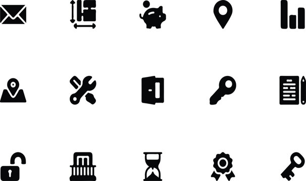 Real estate, home maintenance, and personal finance vector icon set featuring flat glyph silhouettes of a blueprint, piggy bank, map pin, tools, open door, and house keys