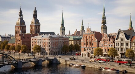 Fototapeta premium Cityscape of Gdansk Old Town with river and bridge