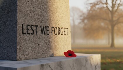 Warm morning light shining on a stone cenotaph with Lest We Forget engraving and a single red poppy, representing a solemn Remembrance Day tribute concept