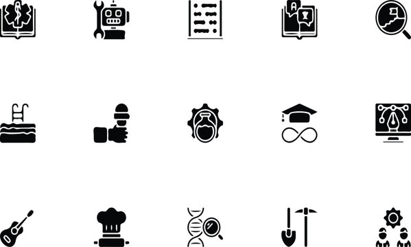 Artificial intelligence, robotics, and continuous education vector icon set featuring flat glyph silhouettes of a robot repair, machine learning knowledge, cybernetics, lifelong learning, and broadcas
