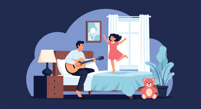 Joyful father sitting on a bed and playing an acoustic guitar while his daughter jumps and dances happily in her bedroom at night.