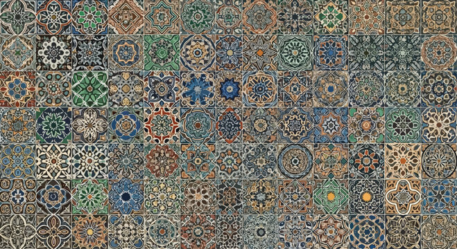Vintage azulejo ceramic tile pattern, mediterranean mosaic background vector, antique blue and brown talavera tiles for interior design