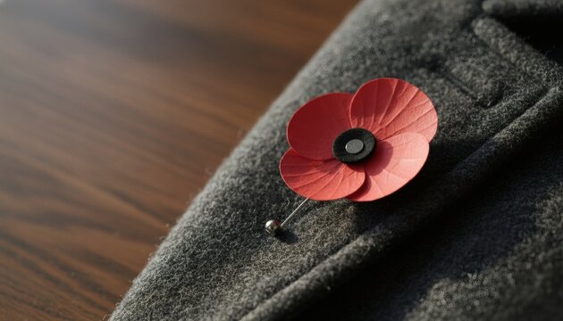 Close up of a red paper poppy on a wool coat lapel representing a solemn remembrance day concept for veteran memorial tributes and armistice day commemoration